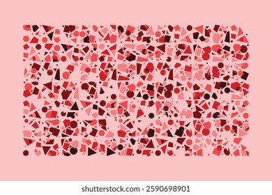 An abstract composition of randomly scattered geometric shapes in shades of red. The dynamic arrangement of triangles, circles, and polygons creates an energetic and chaotic visual balance.