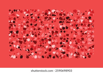 An abstract composition of randomly scattered geometric shapes in shades of red. The dynamic arrangement of triangles, circles, and polygons creates an energetic and chaotic visual balance.