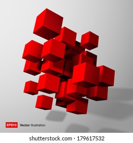 Abstract composition of red 3d cubes. Vector illustration