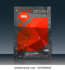 Abstract composition. Red, black font texture. Perforated dot construction. Square block. A4 brochure title sheet. Creative figure icon. Commercial logo surface. Pointed banner form. Dark flier fiber.
