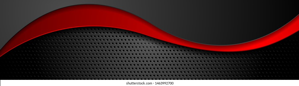 Abstract composition of red and black waves on dark background. Metallic perforated texture design. Technology illustration. Vector header banner