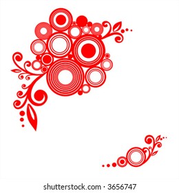 Abstract composition from red circles and vegetative elements.