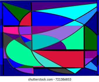 Abstract composition ,red purple green shapes on blue background