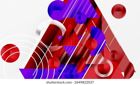 Abstract composition. Red, purple shapes overlap. Circles, triangles, lines create dynamic visual effect. Modern design elements present.