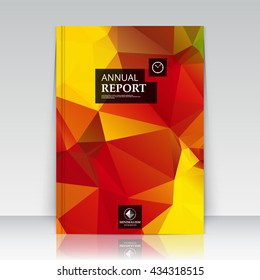 Abstract composition. Red, yellow polygonal texture. Triangle part construction. Brochure title sheet. Creative figure. Ruby diamond facets. Crystal glass surface. Transparent banner form. Flyer font