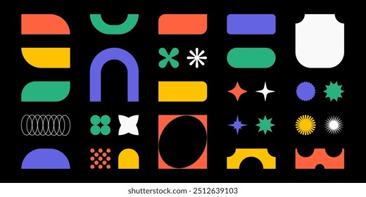 Composição abstrata com formas retrô, formas brutais básicas e figuras na estética Y2K, adesivos vintage, logotipos, rótulos. Elementos decorativos de design, ilustração vetorial.