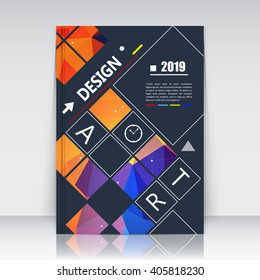 Abstract composition. Rosy, blue, yellow square construction font texture. Box block section surface. Black brochure title sheet. Creative figure vector art. Commercial offer. Banner form. Flyer fiber