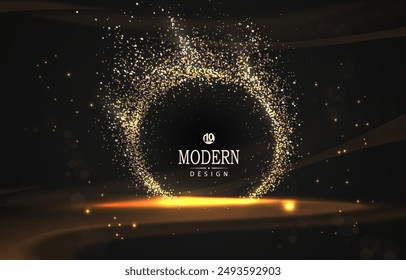 Abstract composition with round golden frame and tinsel on black background.
