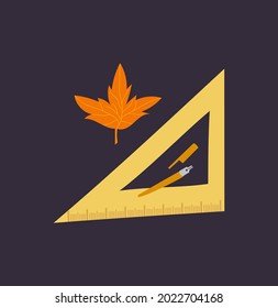 Abstract composition with ruler, pen and maple leaf. Handcrafted illustration on dark blue background. spot illustration for decor