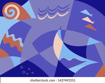 Abstract composition with the sailing in a sea in violet color