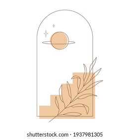 Abstract composition with saturn, stars, arch, stairs, leaf on white background. Vector illustration in a minimal linear style.