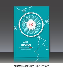 Abstract composition, scarlet brochure title sheet, green background, dot and lines, light rays, EPS 10 vector illustration