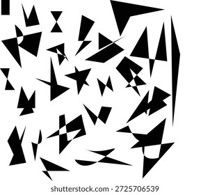 Composición Abstractas de Formas geométricas negras dispersas sobre un fondo blanco limpio. Diseño minimalista moderno con triángulos afilados y fragmentos de polígono, ideal para el contemporaneo
Marcas de arte, carteles, Diseño web, diseños editoriales y fondos creativos.