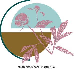 Abstract composition of semicircles and peony flower. Design element.