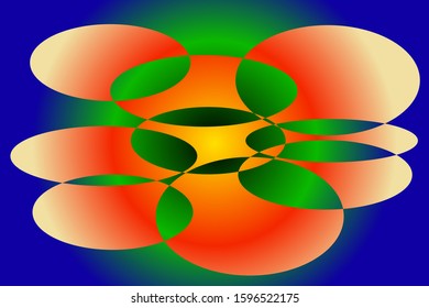 Abstract composition of a separate group of colored, gradient, shining spots on a dark, gradient, radial background. Vector image.