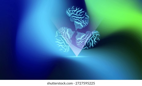 Abstract composition of separated glowing brain parts symbolizing analysis, creativity and artificial intelligence. Futuristic digital illustration on gradient background.