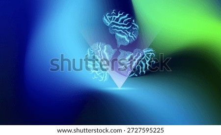 Abstract composition of separated glowing brain parts symbolizing analysis, creativity and artificial intelligence. Futuristic digital illustration on gradient background.