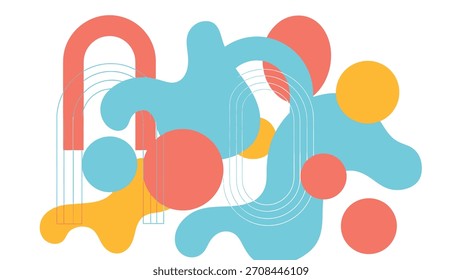 Abstract composition with shapes and lines in coral, blue, and yellow on a white background.
