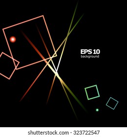 Abstract composition, shiny geometric shapes flare, visual colored square blocks light, lines interlacement, flying lozenge radiance icon, logo construction, screen saver, EPS 10 vector illustration