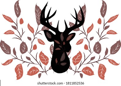 Abstract composition of silhouette of a deer surrounded by twigs with leaves. Vector