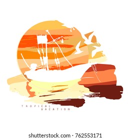 Abstract composition with the silhouette of a fishing boat against the background of a large sun with clouds. Vector image in bright yellow and orange color. Painted in a realistic style.