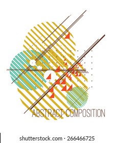 Abstract composition with simple colorful geometric figures, mathematical symbols, art texture