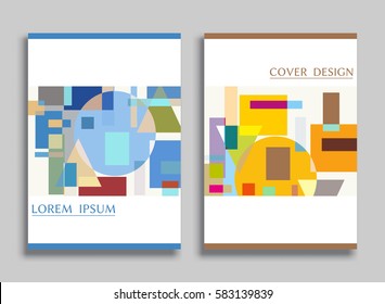 Abstract composition size a4. Colorful header design for flyer, brochure cover. Info banner frame, title sheet model set. Brand logo texture. Colored geometric shapes, figures. Modern art background