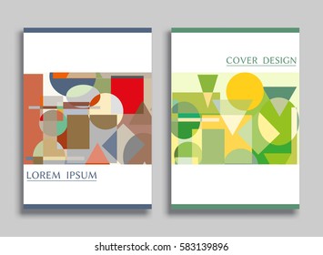 Abstract composition size a4. Colorful header design for flyer, brochure cover. Info banner frame, title sheet model set. Brand logo texture. Colored geometric shapes, figures. Modern art background