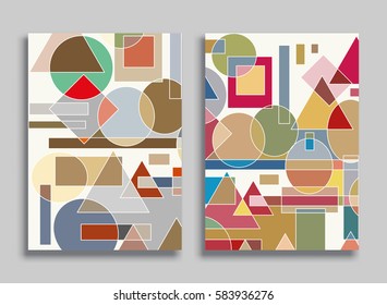 Abstract composition size a4. Colorful header design for flyer, brochure cover. Info banner frame, title sheet model set. Brand logo texture. Colored geometric shapes, figures. Modern art background