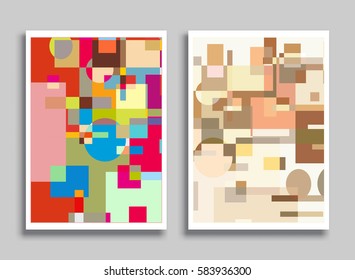Abstract composition size a4. Colorful header design for flyer, brochure cover. Info banner frame, title sheet model set. Brand logo texture. Colored geometric shapes, figures. Modern art background