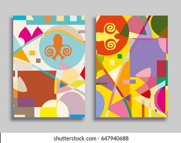 Abstract composition size a4. Colorful header design for flyer, brochure cover. Info banner frame, title sheet model set. Brand logo texture. Colored geometric shapes, figures. Modern art background