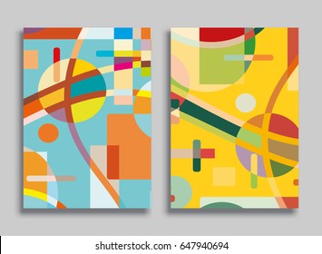Abstract composition size a4. Colorful header design for flyer, brochure cover. Info banner frame, title sheet model set. Brand logo texture. Colored geometric shapes, figures. Modern art background
