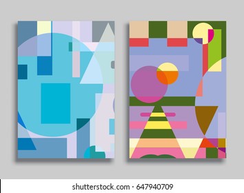 Abstract composition size a4. Colorful header design for flyer, brochure cover. Info banner frame, title sheet model set. Brand logo texture. Colored geometric shapes, figures. Modern art background