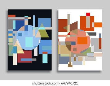 Abstract composition size a4. Colorful header design for flyer, brochure cover. Info banner frame, title sheet model set. Brand logo texture. Colored geometric shapes, figures. Modern art background
