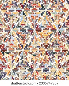 Abstract composition of small multicolored triangles on a white background. Retro style design. Decorative geometric texture. Seamless repeating pattern. Vector image.