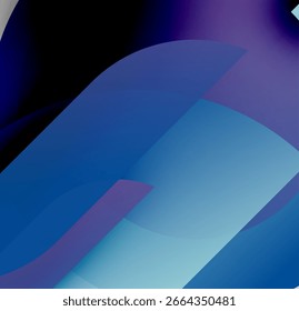 Abstract composition. Smooth gradients, flowing shapes, cool blues, purples dominate visual space. Minimalist design, modern aesthetic.