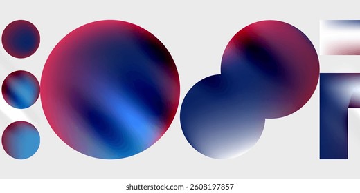 Abstract composition. Smooth spheres, vibrant colors, blue, purple, red. Gradient effects, modern design, simple shapes, minimal aesthetic.