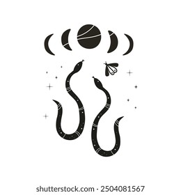 Abstract composition with snakes, moon, stars in boho style. Background Mystical motif for tattoo, poster, print, card, paper. The image created without the use of any artificial intelligence software