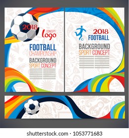 Abstract composition of soccer ball with sign 2018 and wavy lines on background.  Background of champion football game. Banner for table Matches. Isolate vector. 