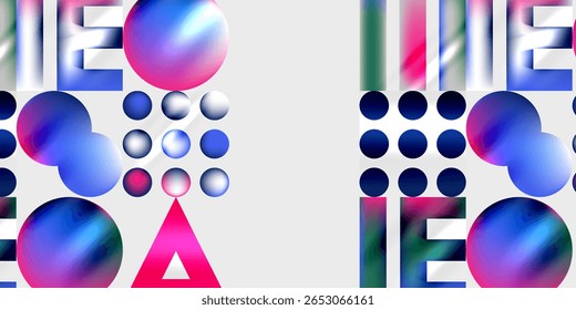 Composição abstrata. Esferas, triângulos, elementos de texto criam um equilíbrio visual dinâmico. As cores brilhantes contrastam com o fundo escuro. Design moderno.