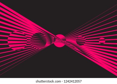 Abstract composition of straight, colored stripes on a black background with geometric shapes. Vector image.