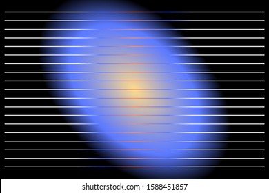 Abstract composition of straight, thin, colored, horizontal lines on a gradient, ellipsoidal background. Vector image.