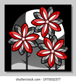 Abstract composition with stylized red flowers. Floral background. Wall art, poster design. 