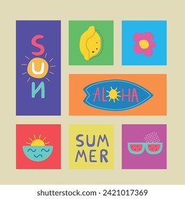Composición abstracta con motivos de verano. Conjunto de símbolos vectoriales para el diseño. Objetos tropicales dibujados a mano