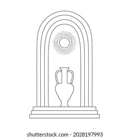 Abstract composition with sun, arch, stairs, vase. Vector illustration in a minimal linear style.