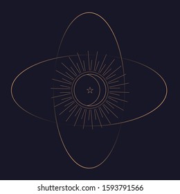 Abstract composition with sun, moon on dark background. Vector illustration.