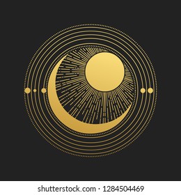 Abstract composition with sun, moon, orbits and stars on black background. Vector illustration