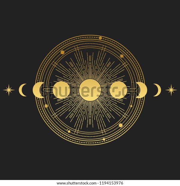 Abstract composition with sun, moon,\
orbits and stars on black background. Vector\
illustration