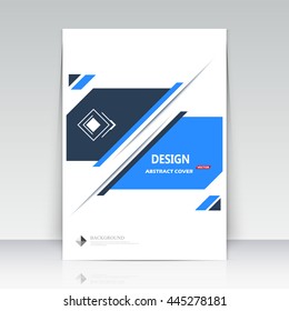 Abstract composition. Tetragons, lines font texture. Black, blue figure section trademark. White a4 brochure title sheet. Creative logo icon. Commercial offer banner form. Minimalistic ad flyer fiber.