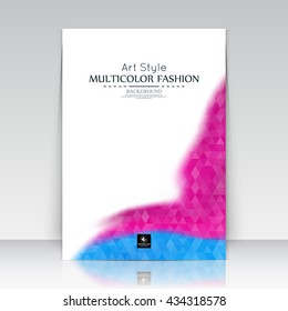 Abstract composition. Text frame surface. White a4 brochure cover. Title sheet design. Creative logo figure. Ad banner form texture. Blue, pink triangle mosaic icon. Flyer fiber. Vector illustration